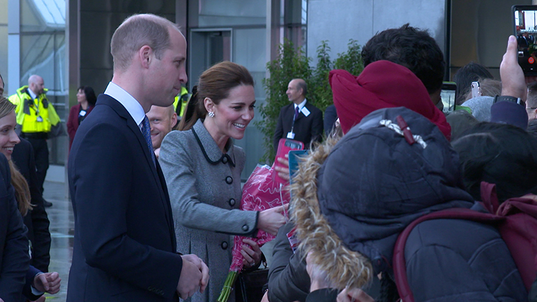 Their Royal Highnesses The Duke and Duchess of Cambridge talking to the crowd