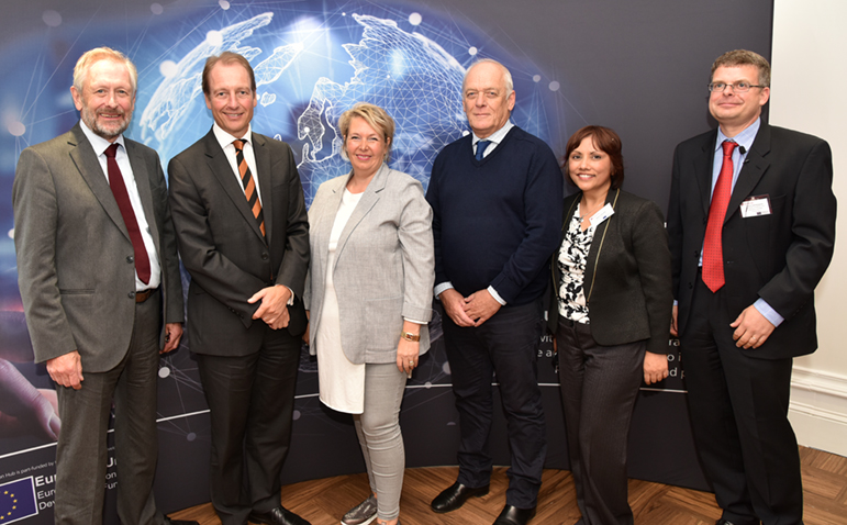 L-R: Sir Peter Soulsby, Professor Paul Boyle, K D Adamson, Councillor Nick Rushton, Anjuu Trevedi and Dr Stephan Reiff-Marganiec (Director, Innovation Hub)