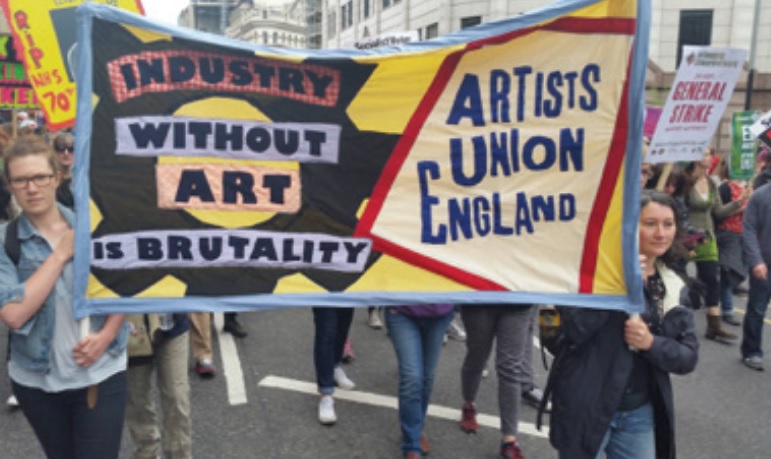 Campaigners carrying Artists' Union England banner