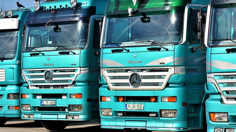 several trucks parked
