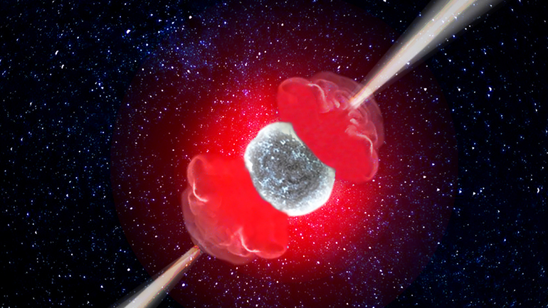 'Hot cocoon' of material enveloping a relativistic jet escaping a dying star. Artist’s impression by Anna Serena Esposito