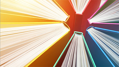 Representation of six spines of books arranged  in a circle