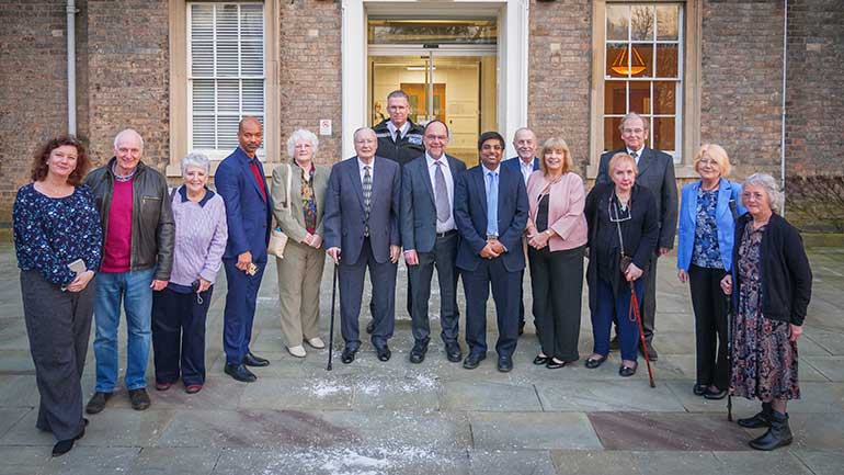 L-R: Professor Turi King, Tony Garner, Lin Garner, David Gyimah, Barbara Ashworth, David Baker, Chief Constable Simon Cole, Professor Sir Alec Jeffreys, Professor Nishan Canagarajah, Rob Eaton, Lynda Eaton, Mick Tucker, Kath Eastwood, Sue Jeffreys, Jenny Foxon
