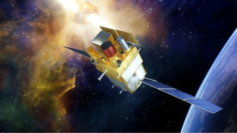 An artist's impression of the Chinese-French SVOM satellite in space.