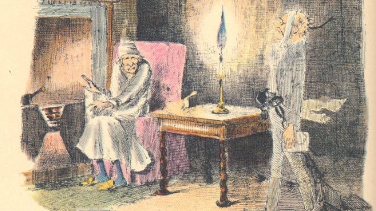 Hand-coloured engraving of Scrooge and Marley’s Ghost from A Christmas Carol first edition (1843).