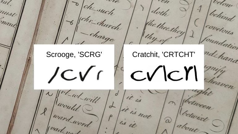 Composite image of Brachygraphy shorthand outlines for ‘Scrooge’ and ‘Cratchit’.