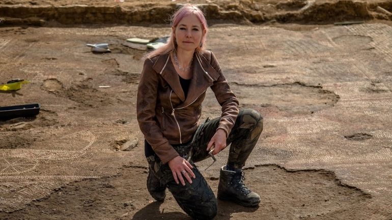 Professor Alice Roberts at the site of the Rutland mosaic.