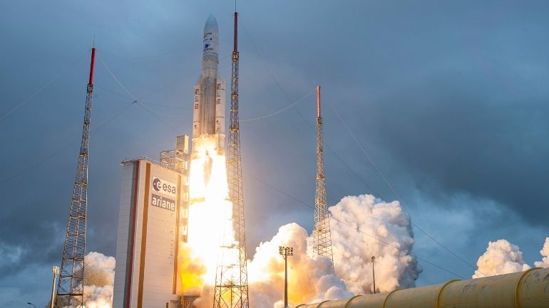 The James Webb Space Telescope launches on an Ariane 5 rocket from Europe’s Spaceport in French Guiana.