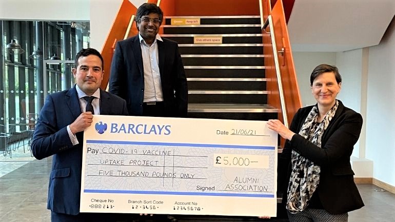 Alumni Association Committee Treasurer Simon Green and Doctor Lieve Gies present a sum of £5,000 to Vice-Chancellor Professor Nishan Canagarajah, from the Alumni Association Committee's Convocation Fund.