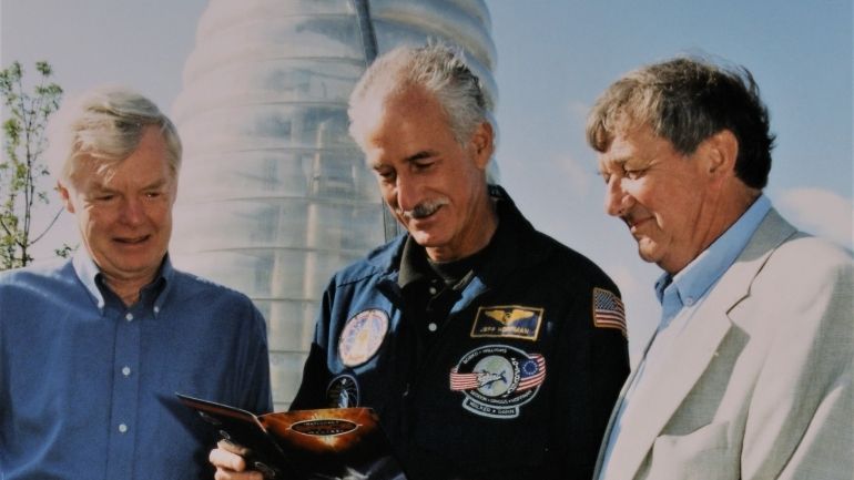 Ken Pounds, Jeff Hoffman and Alan Wells at the opening of the National Space Centre in 2001.