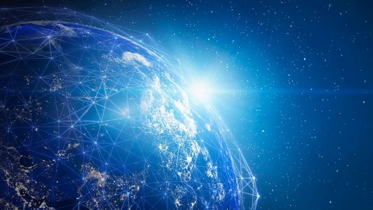 A view of the Earth from space overlaid with representation of the global connections between countries.