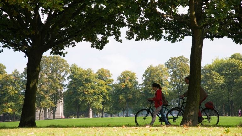 Two cyclists framed by trees in Victoria Park, Leicester.