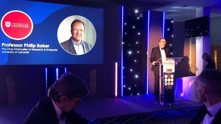 Professor Philip Baker on stage at the LeicestershireLive Business Executive of the Year Awards.