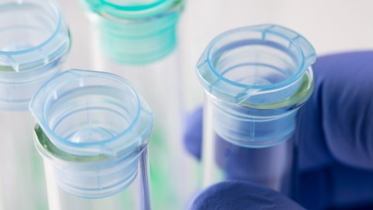 A gloved hand holds an empty test tube, with further test tubes in the background.
