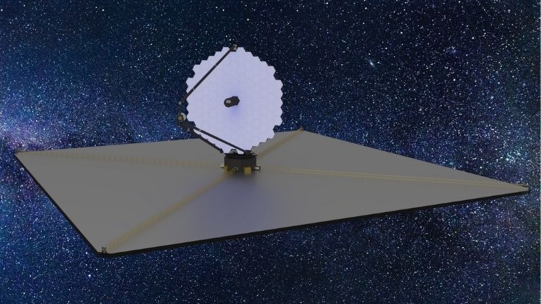 Artist's impression of the LUVOIR Space Telescope set against a starry background.