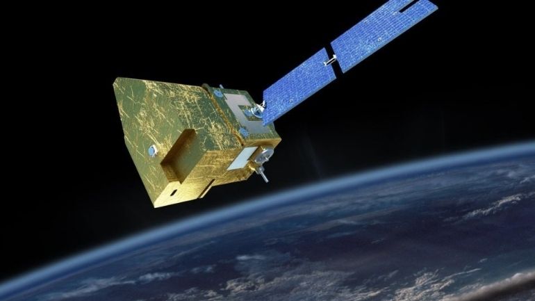 Artist's impression of the MicroCarb satellite in Earth orbit.