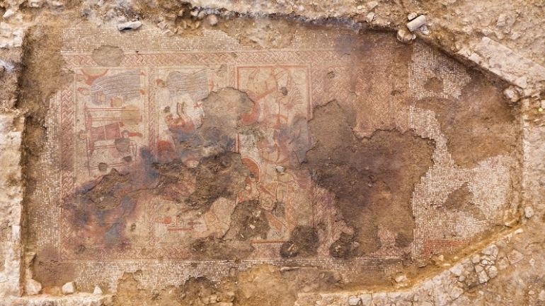 Aerial image of the full Roman mosaic discovered in Rutland, showing Achilles' battle with Hector.