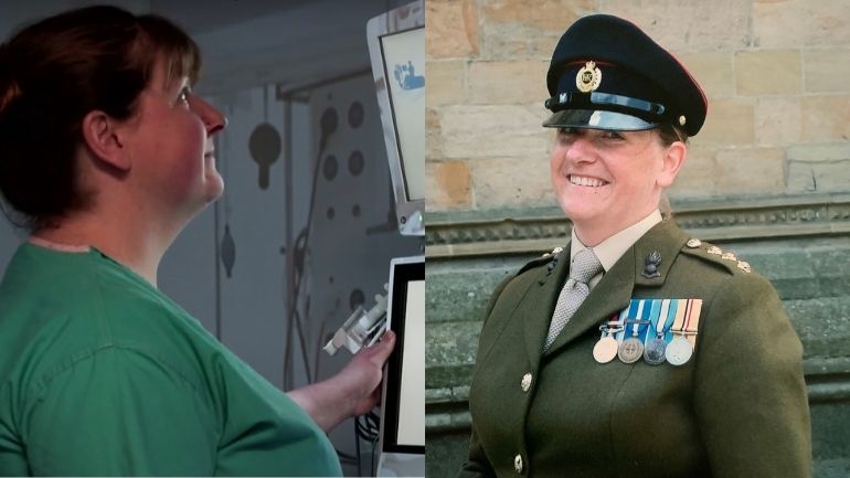 Composite image of Vicky Hain monitoring a medical screen and in Royal Engineers dress uniform.