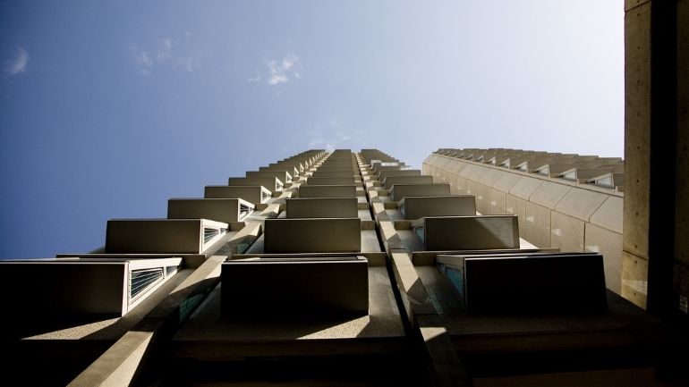 View looking upwards from the bottom of the Attenborough Tower on the University of Leicester campus.