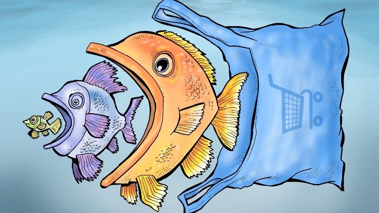 Cartoon of a fish being chased by another fish, being chased by another fish, being chased by a plastic bag.