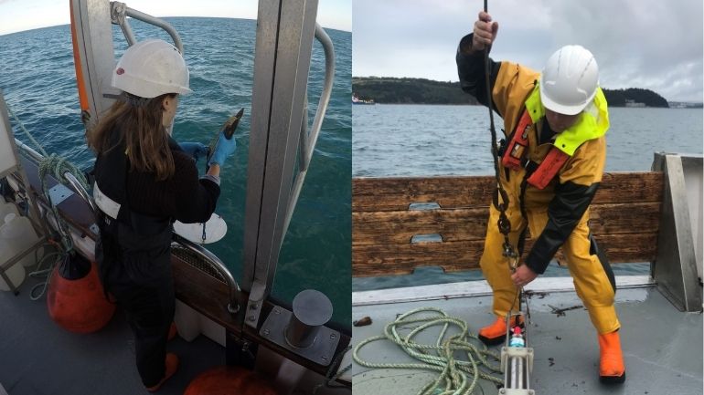 Two members of the Marine Biological Association aboard a boat removing samples from the water.
