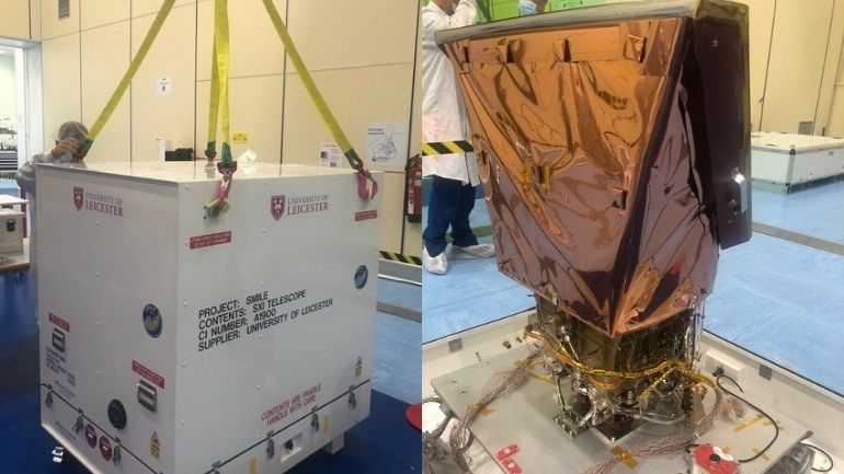 Composite image of SMILE's Soft X-ray Imager structural and thermal model arriving at Airbus in Spain. Text on shipping crate reads: "Supplier: University of Leicester".