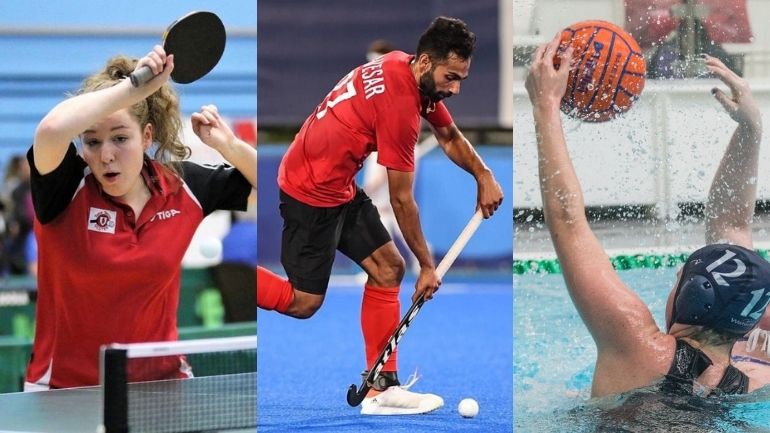 Composite image of three University of Leicester student Sports Scholars playing table tennis, hockey and water polo.