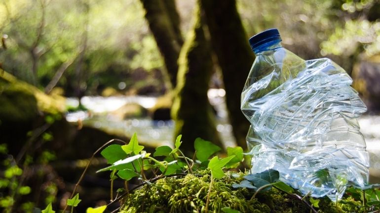 A plastic bottle on the bank of a small river.