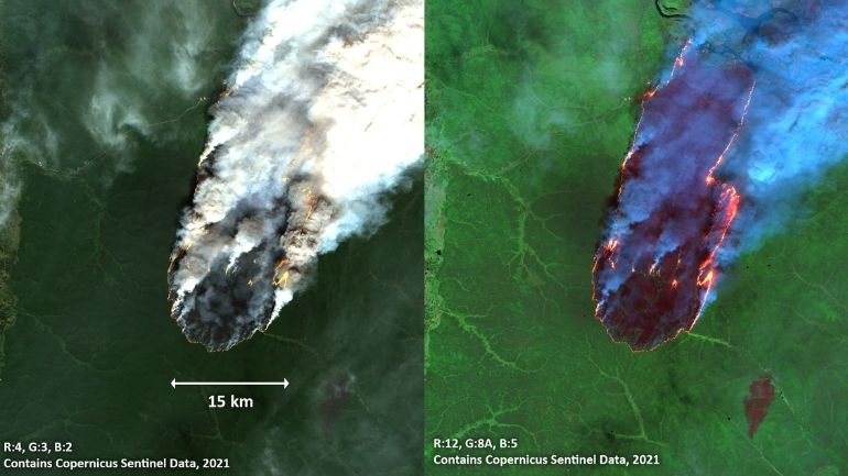 Composite satellite image of fires burning in Siberia.