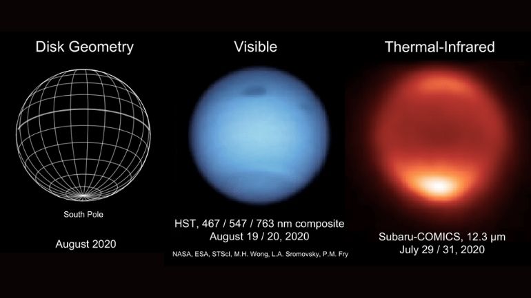 Combined image of Neptune as seen in visible light and thermal-infrared wavelengths in 2020.