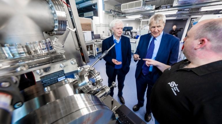 Emeritus Professor Ken Pounds and Emeritus Professor Alan Wells are given a tour of the Space Research Centre's facilities at Space Park Leicester.