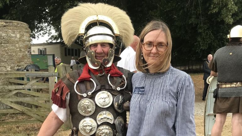 Professor Sarah Scott alongside a Roman re-enactor at the formal opening of The Chester House Estate.