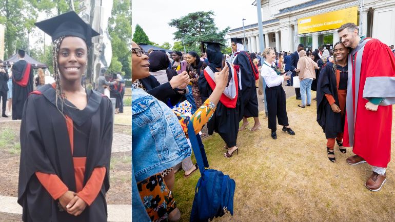 Olivia Lewis at her Leicester graduation and with honorary graduate Richard Armitage outside De Montfort Hall.