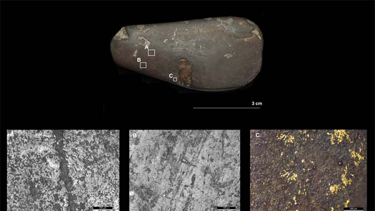Microwear analysis, showing the gold traces on the surface of one of the goldworking tools. This stone tool was used for polishing and smoothing gold.