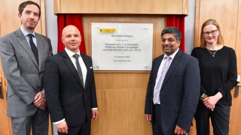 Professor Dan Ladley, guest of honour Sam Barnett, Professor Nishan Canagarajah and Professor Henrietta O'Connor unveil the plaque to formally open the University of Leicester School of Business (ULSB)'s Brookfield campus.