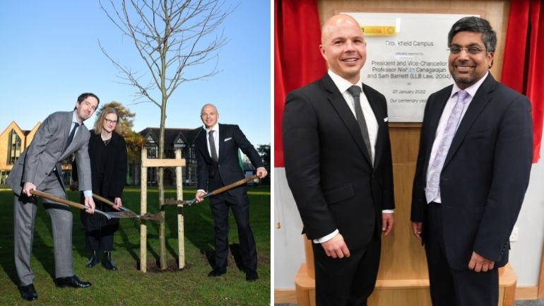 Professor Dan Ladley, Professor Henrietta O’Connor and VIP guest Sam Barnett plant a ceremonial tree to mark the formal opening of the Brookfield campus, and Sam Barnett and Professor Nishan Canagarajah unveil a plaque.