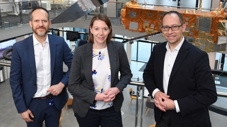 Dr Gary Jones and Abi Clayton of Rolls Royce with Professor Richard Ambrosi, Executive Director, at Space Park Leicester.