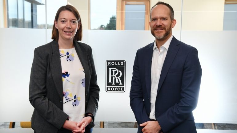 Abi Clayton and Dr Gary Jones of Rolls Royce outside their new office at Space Park Leicester.