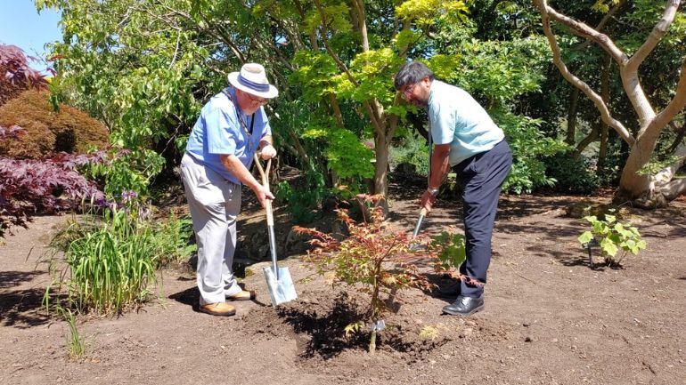Professor Nishan Canagarajah plants a tree at the University of Leicester Botanic Garden alongside Councillor Jeffrey Kaufman.
