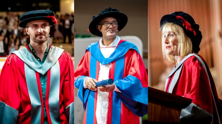 Composite image of Richard Armitage, Sebsebe Demissew and Diane Reay collecting their honorary doctorates.