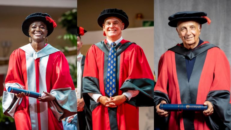 Composite image of Constance Ejuma, Ian Mattioli and Jimmy Mayer collecting their honorary doctorates.
