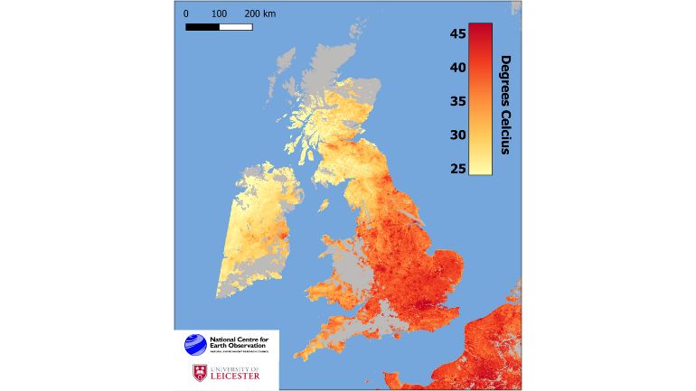 Colour map showing land surface temperature of the UK on the morning of Monday 18 July 2022.