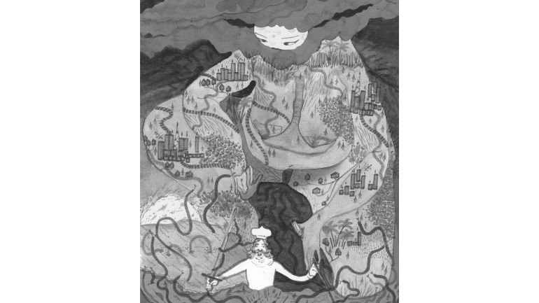Black and white watercolour illustration of Gaïa and the Leviathan, which features in The Cosmic Oasis book.