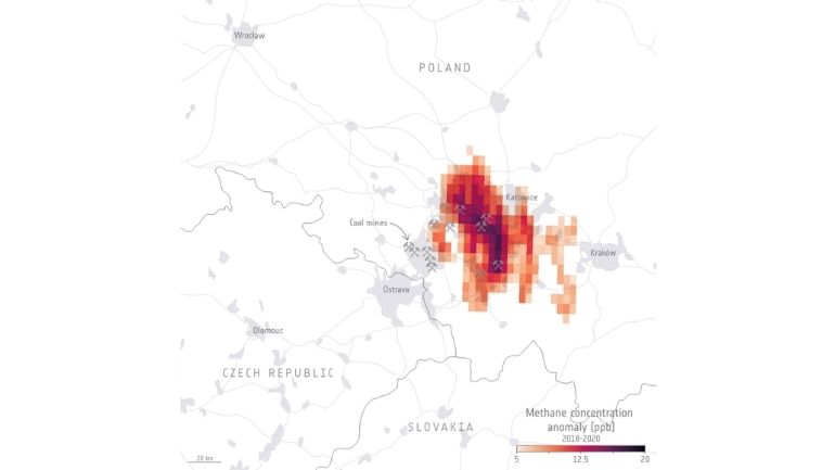 Illustration with overlaid data showing methane emissions from coal mines in Poland.
