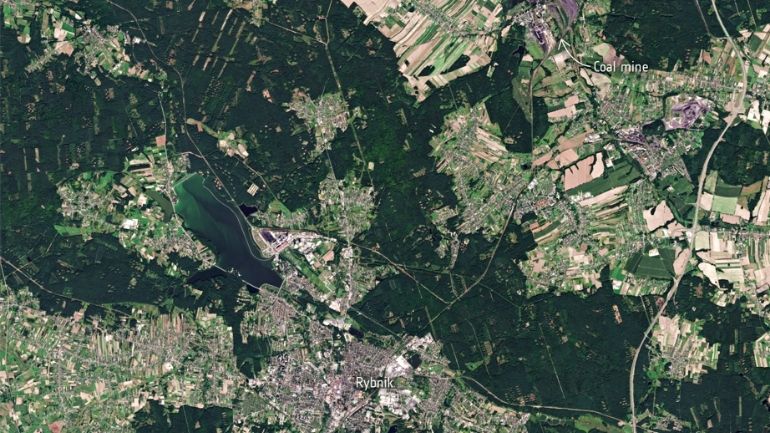 Aerial view of Rybnik, Poland, and the surrounding area.