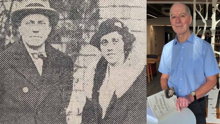 Composite photograph of Fred and Mary Attenborough alongside author Richard Graves, with his book The Life and Times of Mary Attenborough.