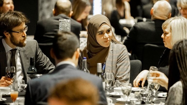 A group of guests in conversation at a special Centenary dinner for headteachers and principals from across Leicester, Leicestershire and Rutland.
