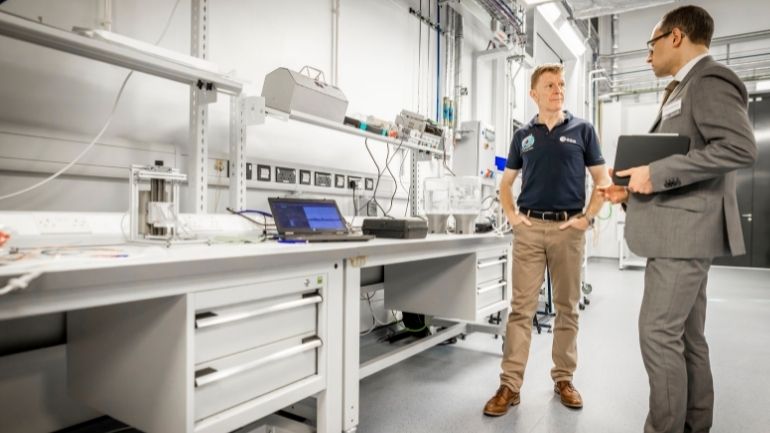 Tim Peake is given a tour of Space Park Leicester by Professor Richard Ambrosi, Executive Director of Space Park Leicester.