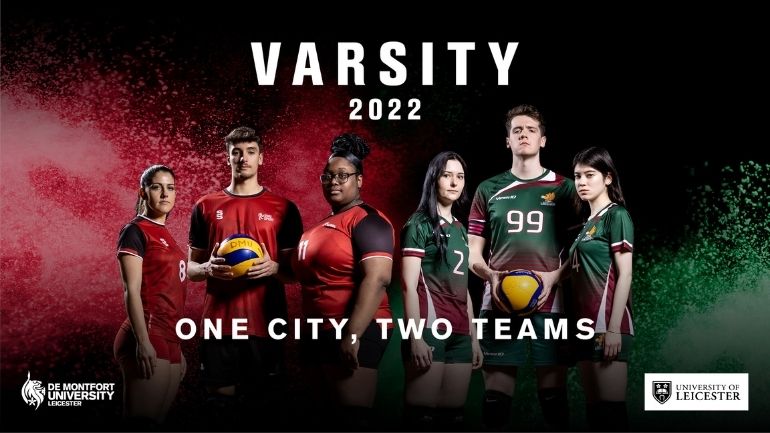 Three student athletes wearing DMU colours and three wearing Leicester colours pose with sports equipment under the words 'Varsity 2022'.