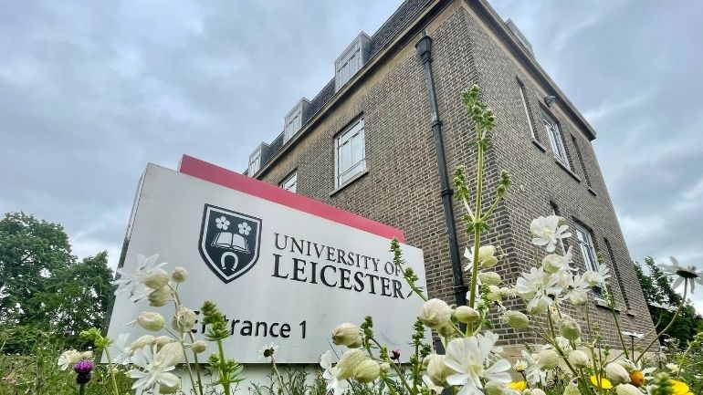 View of University of Leicester sign in front of the Astley Clarke Building.